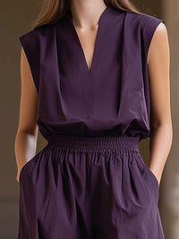 Sleeveless V-Neck Elastic Waist Wide Leg Jumpsuit