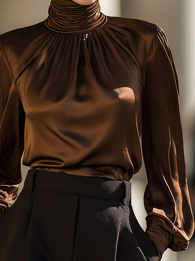 Brown Satin Turtleneck Pleated Shirt