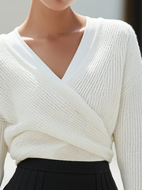 White Wrap Knit Sweater And Black Pleated Mini Skirt Set