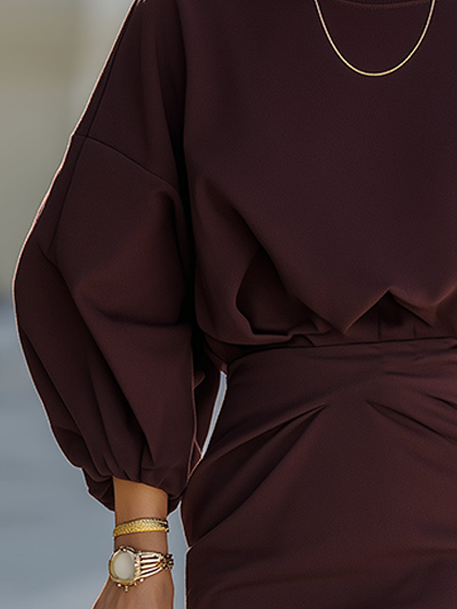 Elegant Burgundy Puff Sleeve Midi Dress
