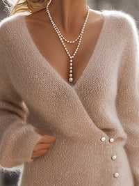 Elegant V-Neck Knit Maxi Dress With Side Slit And Pearl Button Detail