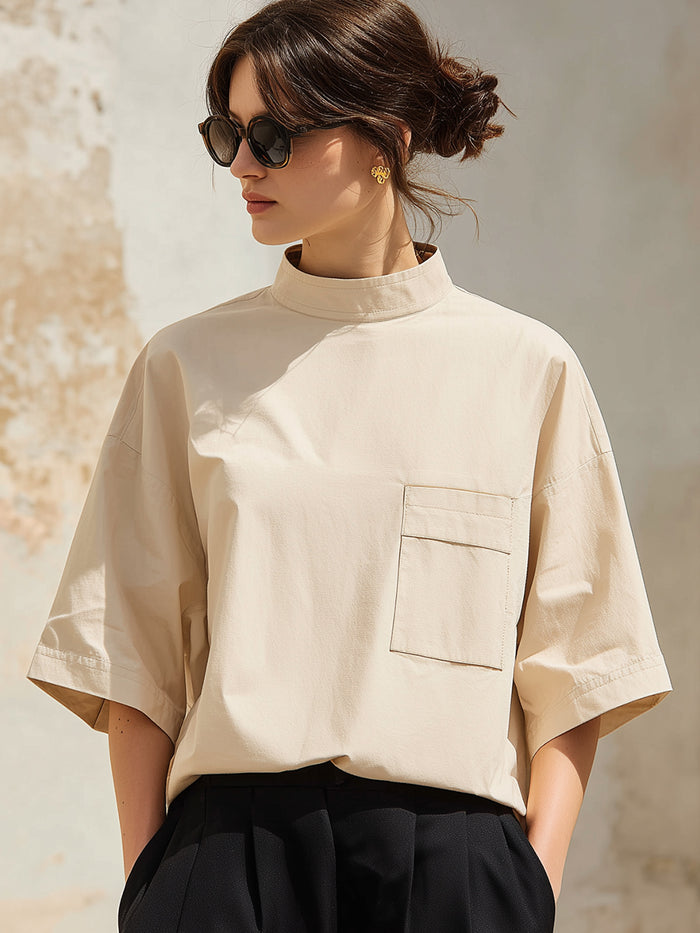 Minimalist High-Neck Loose-Fit Half-Sleeve Blouse – Modern Casual Chic Top