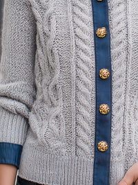 Cable Knit Cardigan With Denim Trim And Gold Statement Buttons
