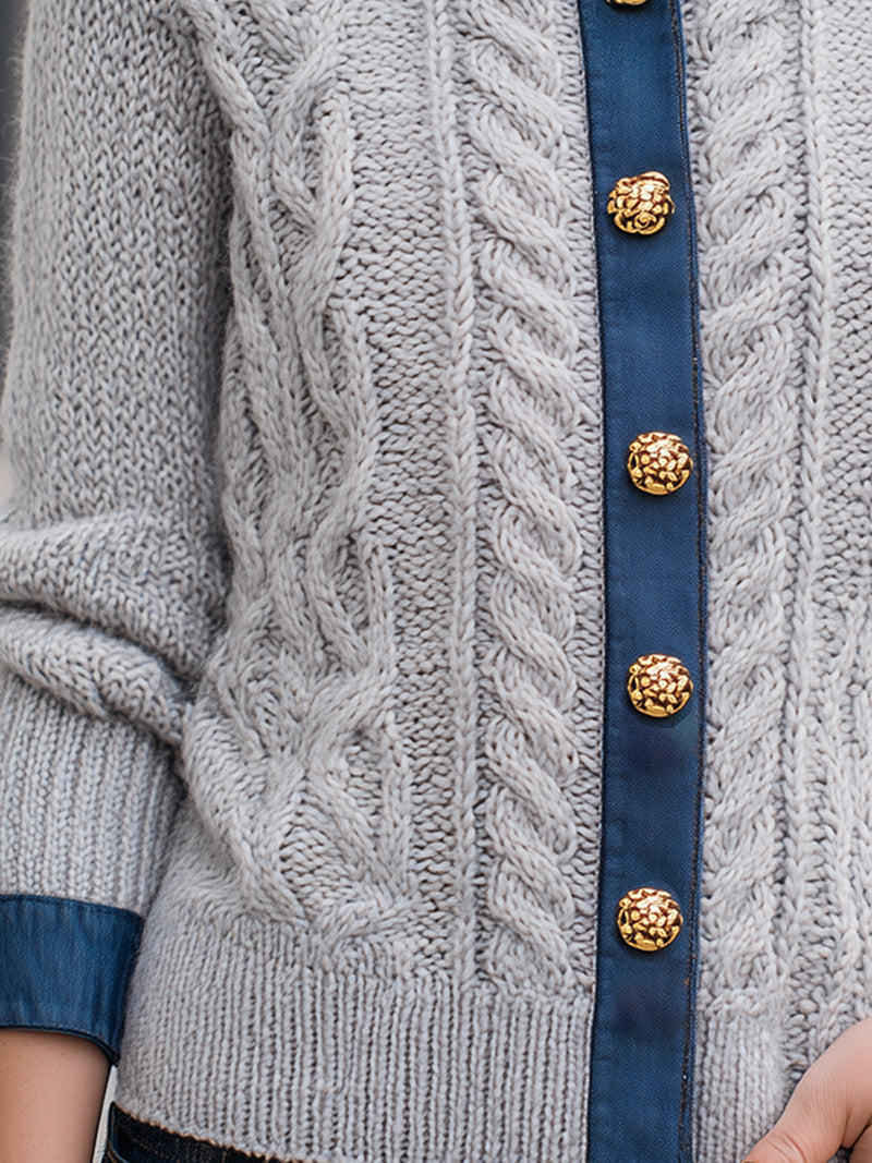 Cable Knit Cardigan With Denim Trim And Gold Statement Buttons