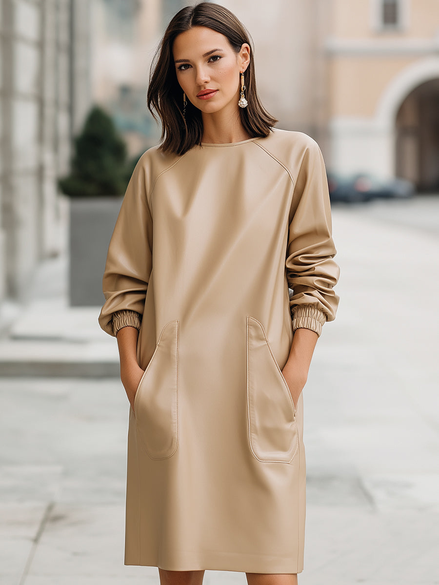 Sand Faux Leather Pocket Dress