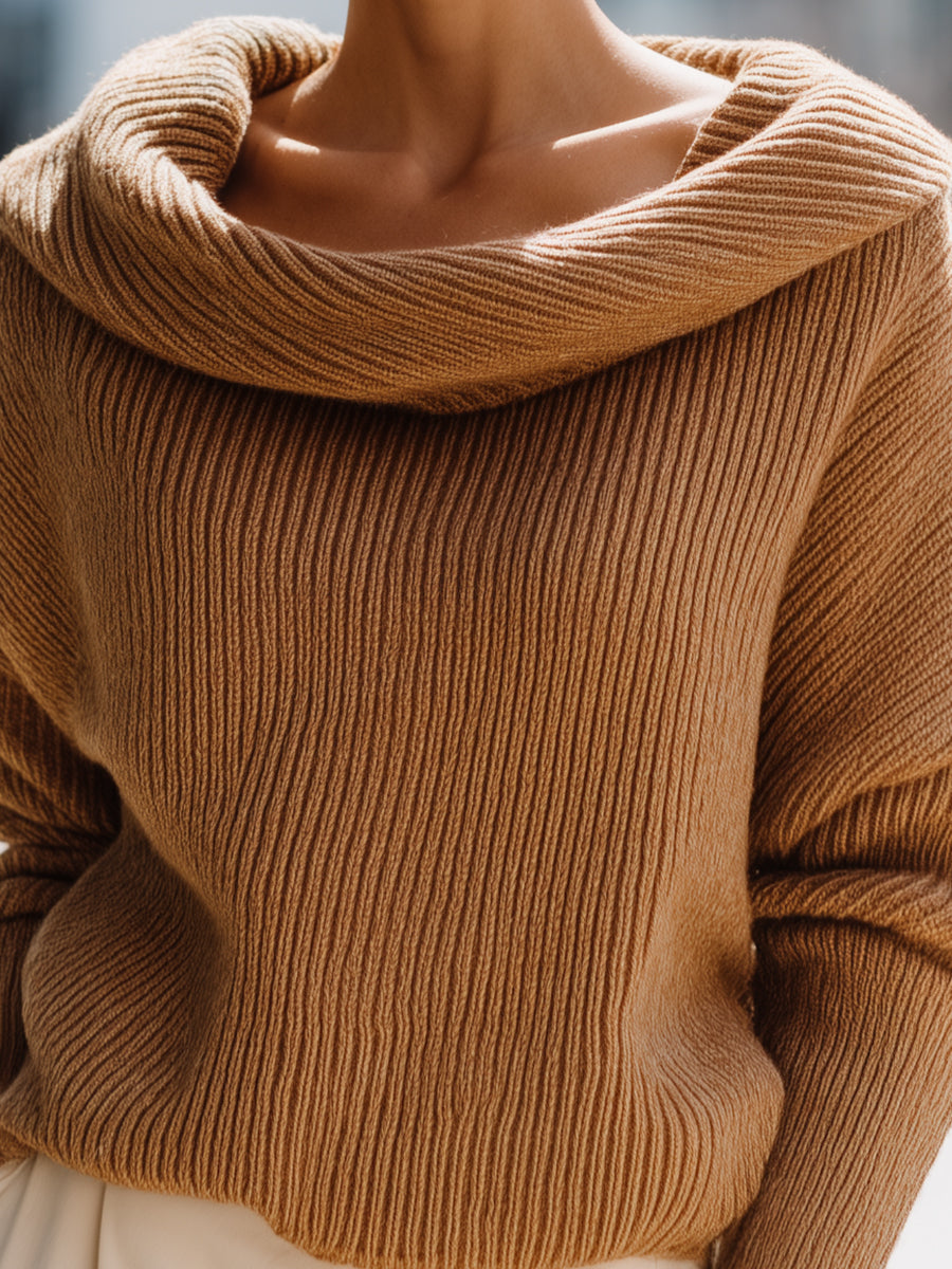 Camel Ribbed Off-the-Shoulder Knit Sweater