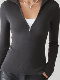 Half-Zip Ribbed Knit Long-Sleeve Top