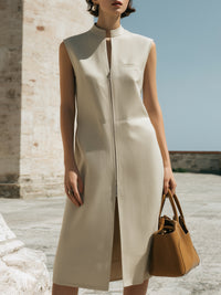 Minimalist Stand-Collar Sleeveless Zip-Front Midi Dress