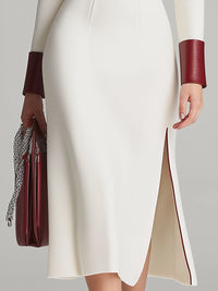 Ivory Midi Dress With Burgundy Trim Detailing