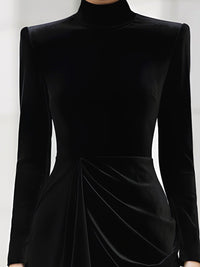 Black Velvet Draped Turtleneck Mini Dress