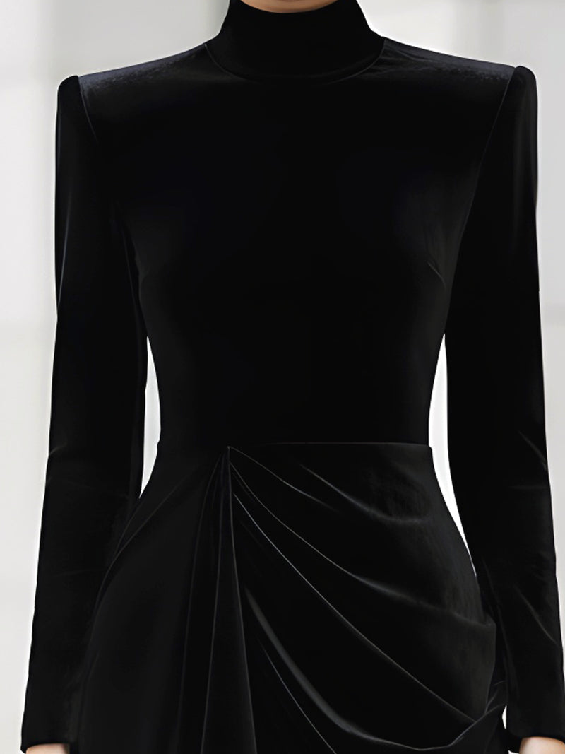 Black Velvet Draped Turtleneck Mini Dress
