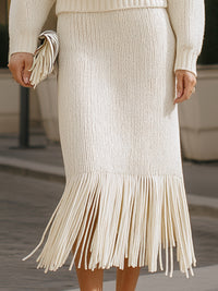 Knit Turtleneck Sweater And Fringe Hem Skirt Set