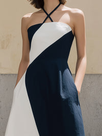 Crisscross Halter Contrast Panel A-Line Midi Dress