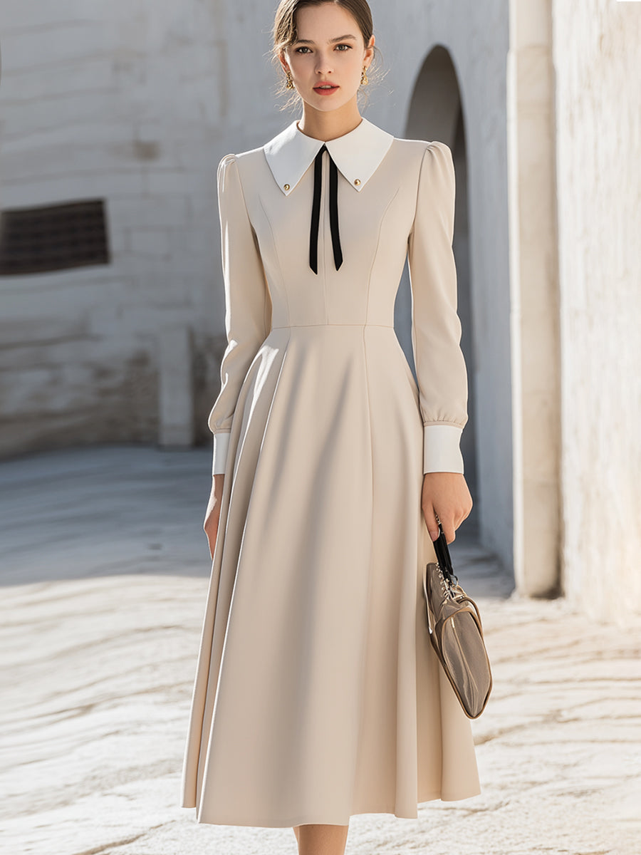 Long-Sleeve Midi Dress With Contrast Collar And Ribbon Tie