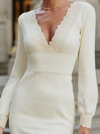 Ivory Knit Bodycon Dress With Lace Trim
