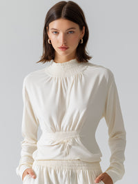 Smocked High-Neck Long Sleeve Blouse With Adjustable Drawstring Waist