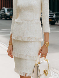 Ivory Tweed Fringe-Trimmed Dress