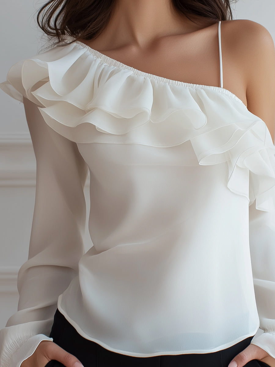 One-Shoulder Ruffled Chiffon Blouse With Sheer Sleeve