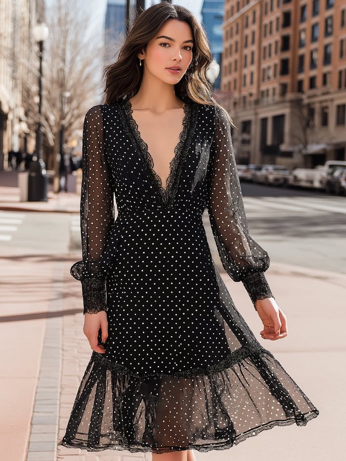 Black Polka Dot Lace-Trim Deep V Chiffon Dress