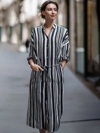Vertical Stripe Belted Button-Front Midi Dress
