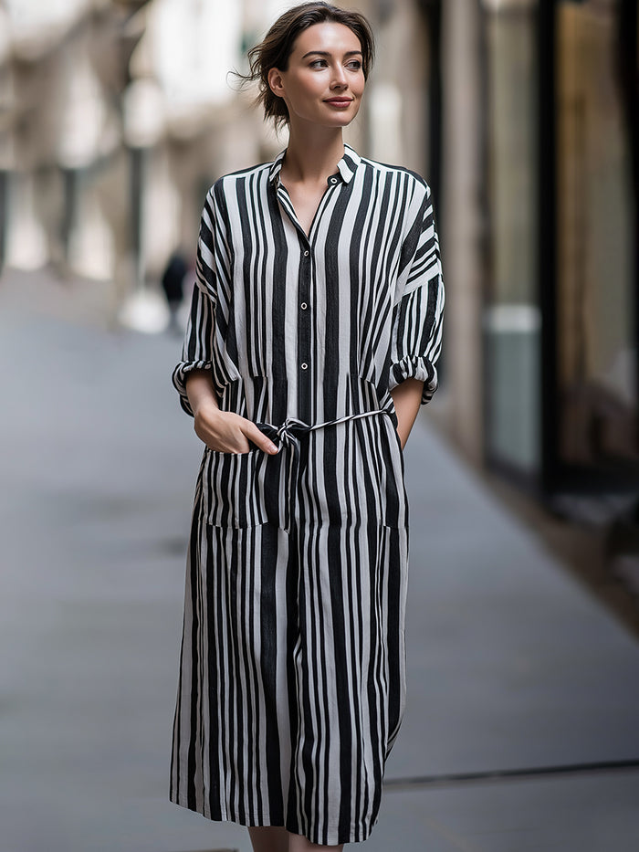 Vertical Stripe Belted Button-Front Midi Dress