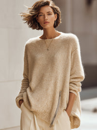 Beige Asymmetric Zip Detail Knit Sweater