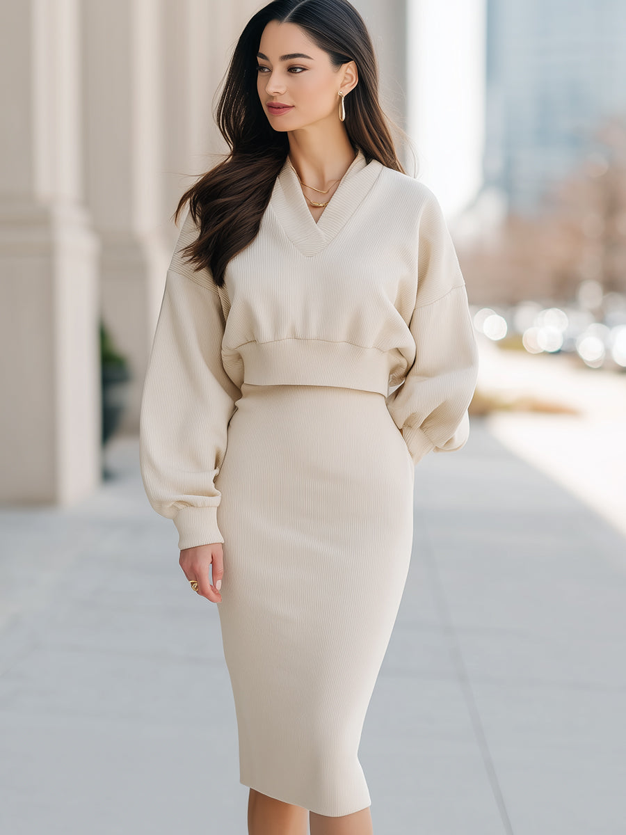 V-Neck Ribbed Knit Top & Midi Skirt Set