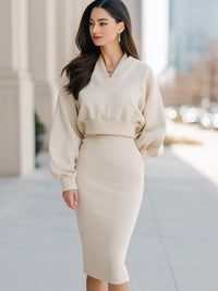 V-Neck Ribbed Knit Top & Midi Skirt Set