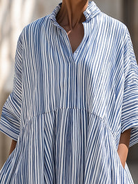 Relaxed Striped Split-Neck Midi Dress