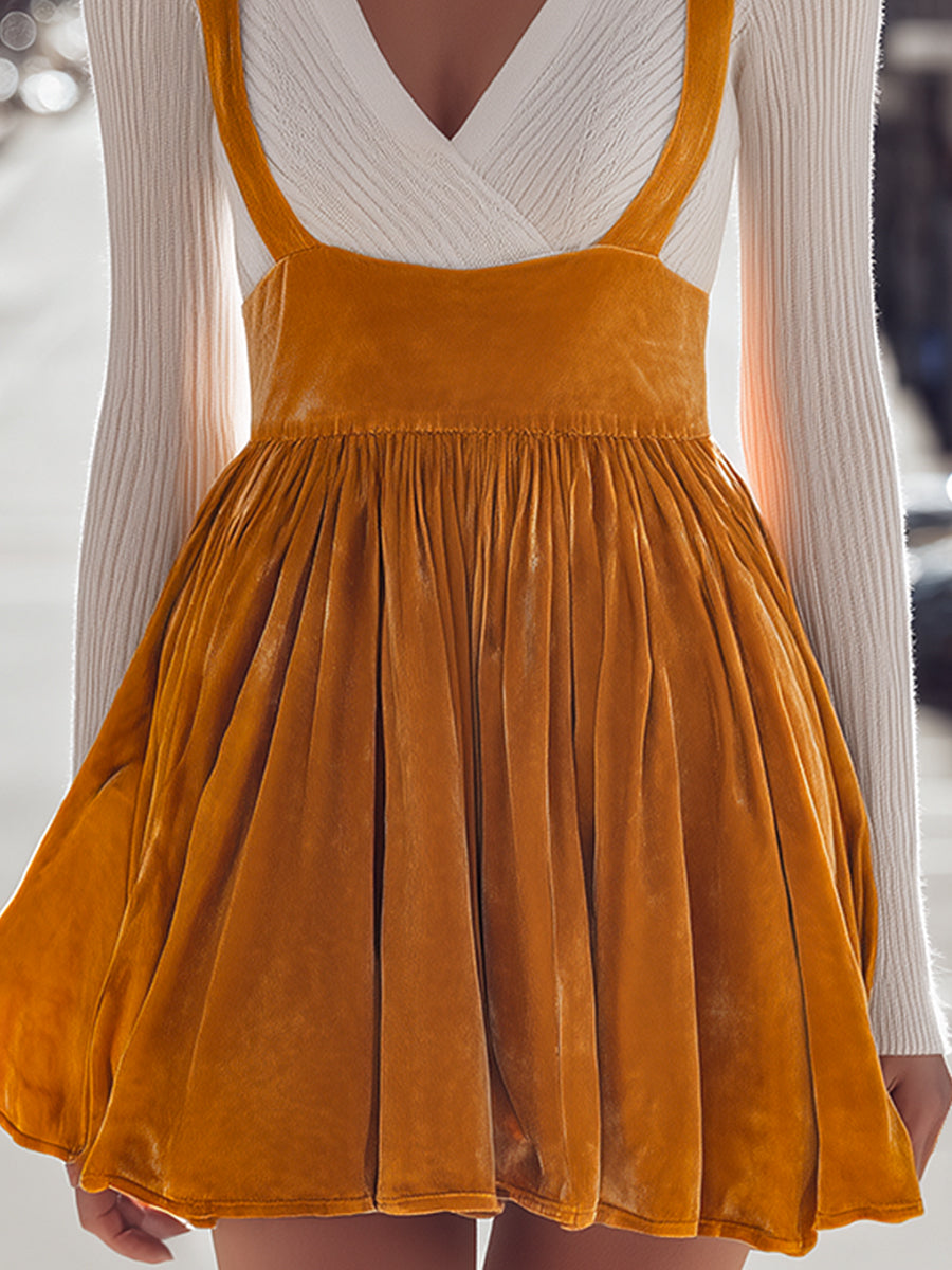 Mustard Velvet Pleated Dress With Knit Sleeves