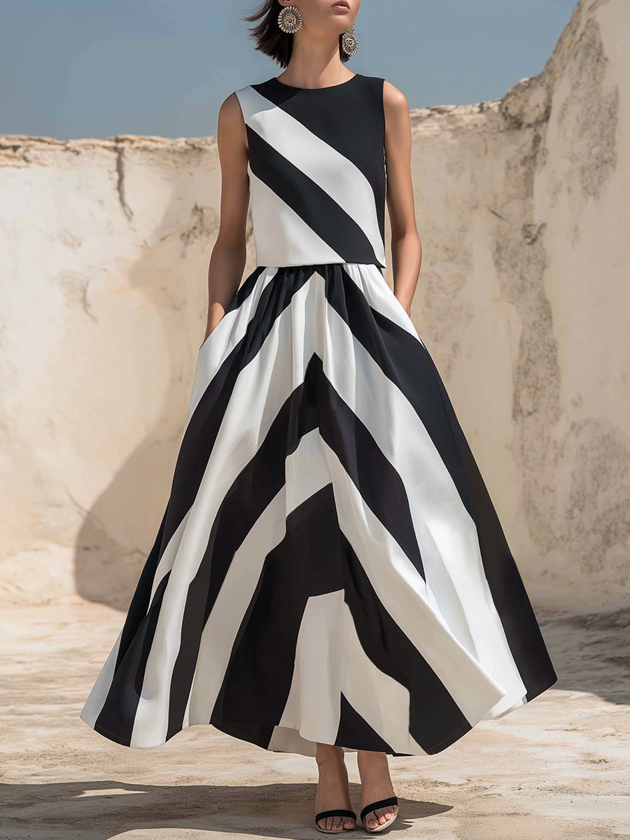 Sleeveless Geometric Print A-line Midi Skirt Set