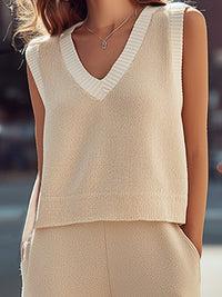 Ivory Sleeveless Knit Top And Wide-Leg Pants Set