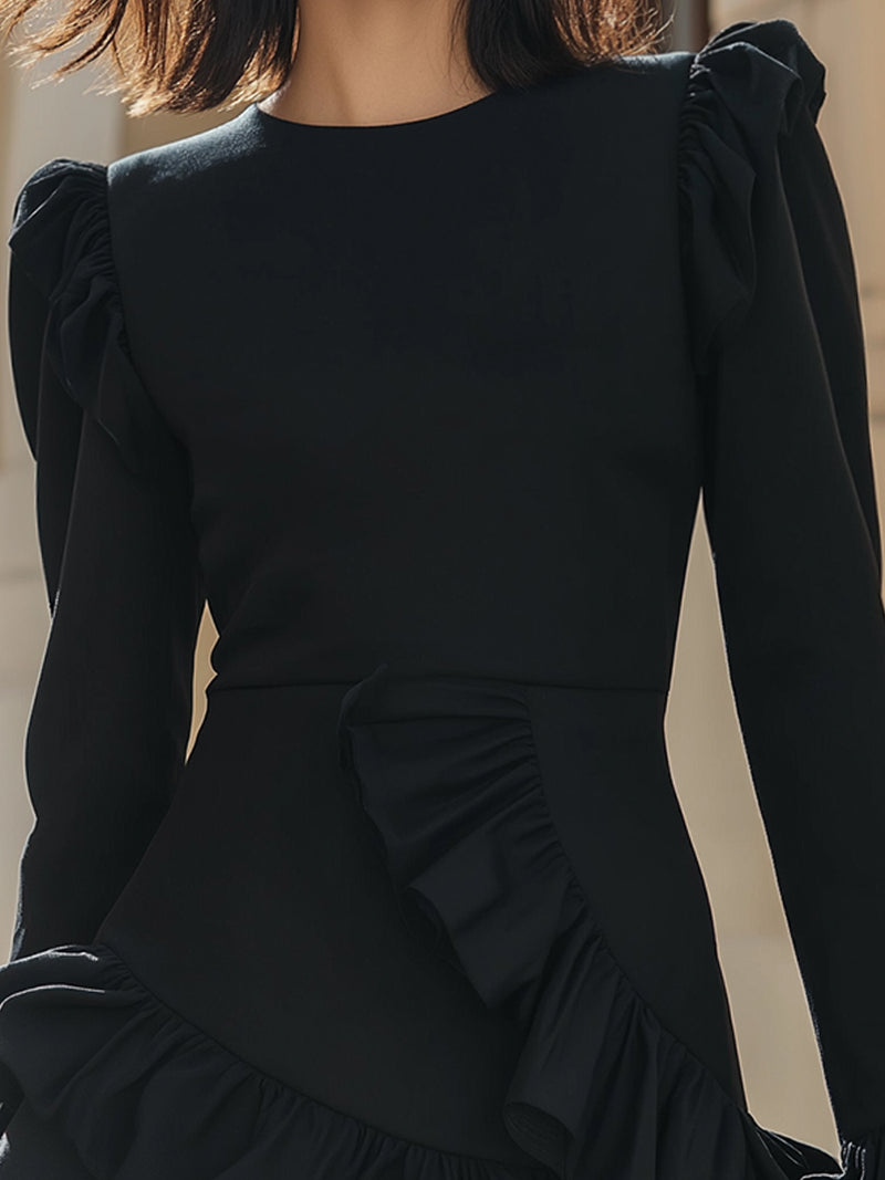Black Ruffled Long Sleeve Dress