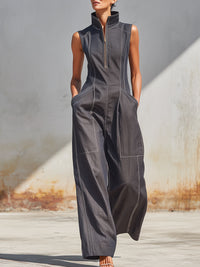 Modern Utility Sleeveless Zip-Up Wide-Leg Jumpsuit – Minimalist Chic Style