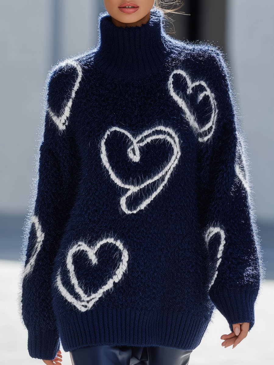 Cozy Heart Pattern Turtleneck Sweater