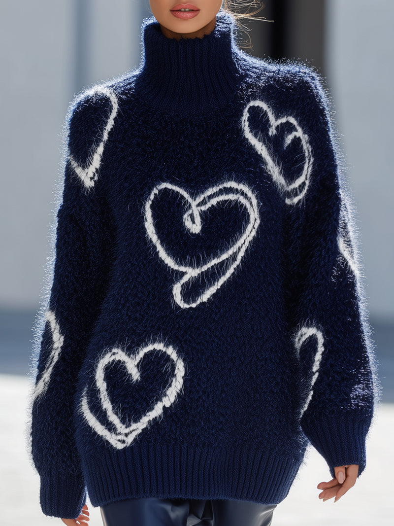 Cozy Heart Pattern Turtleneck Sweater