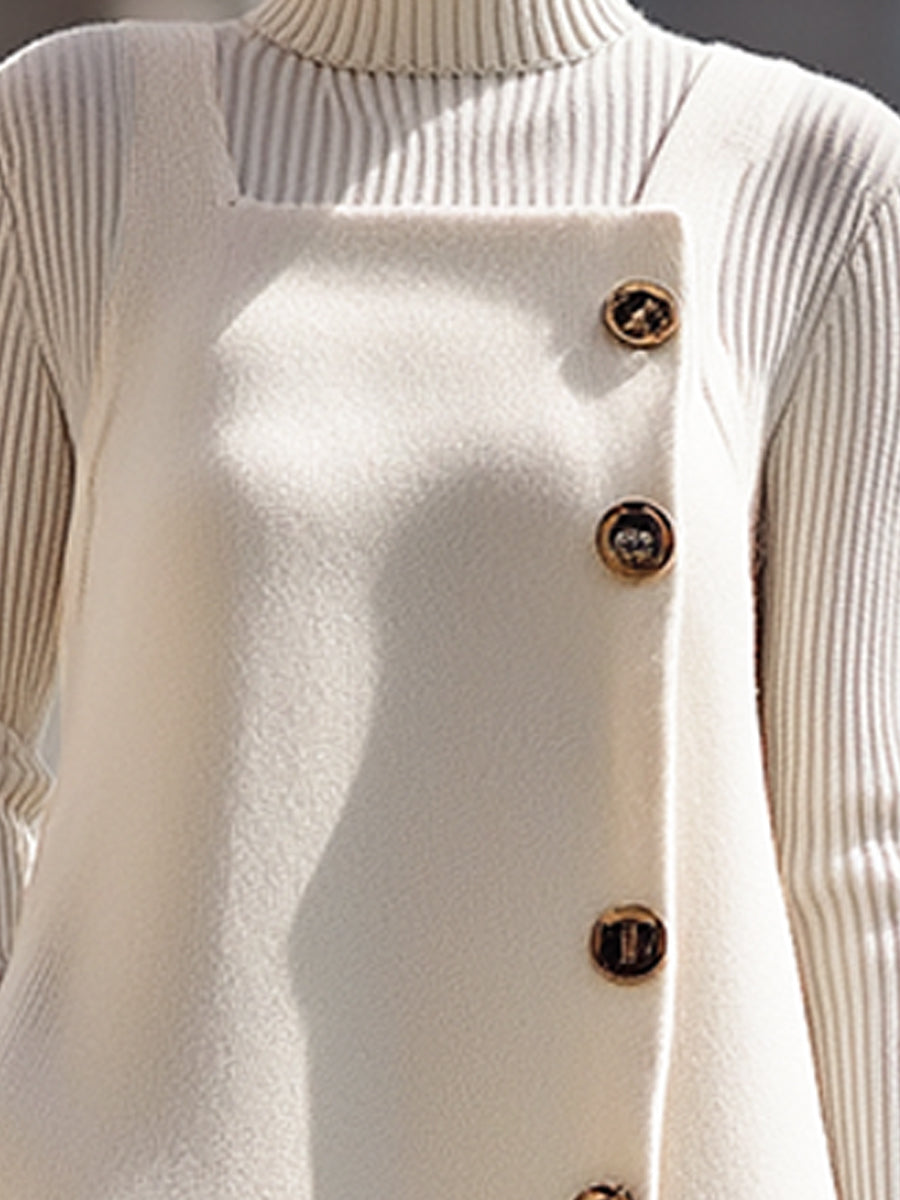 Ivory Buttoned Wool Blend Dress