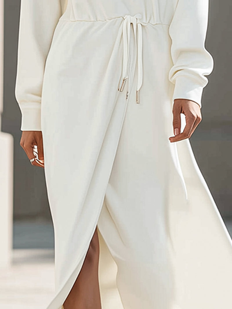 White Hooded Maxi Dress With Adjustable Drawstring Waist