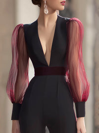 Deep V-Neck Color-Block Mesh Sleeve Flared Jumpsuit