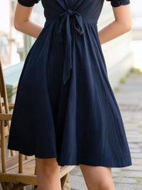 Navy Tie-Front V-Neck Puff Sleeve Mini Dress