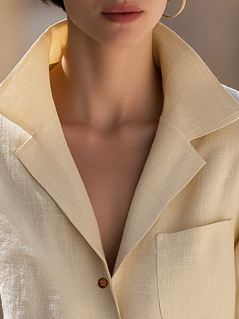 Soft Linen Blend Open-Collar Blouse In Wheat