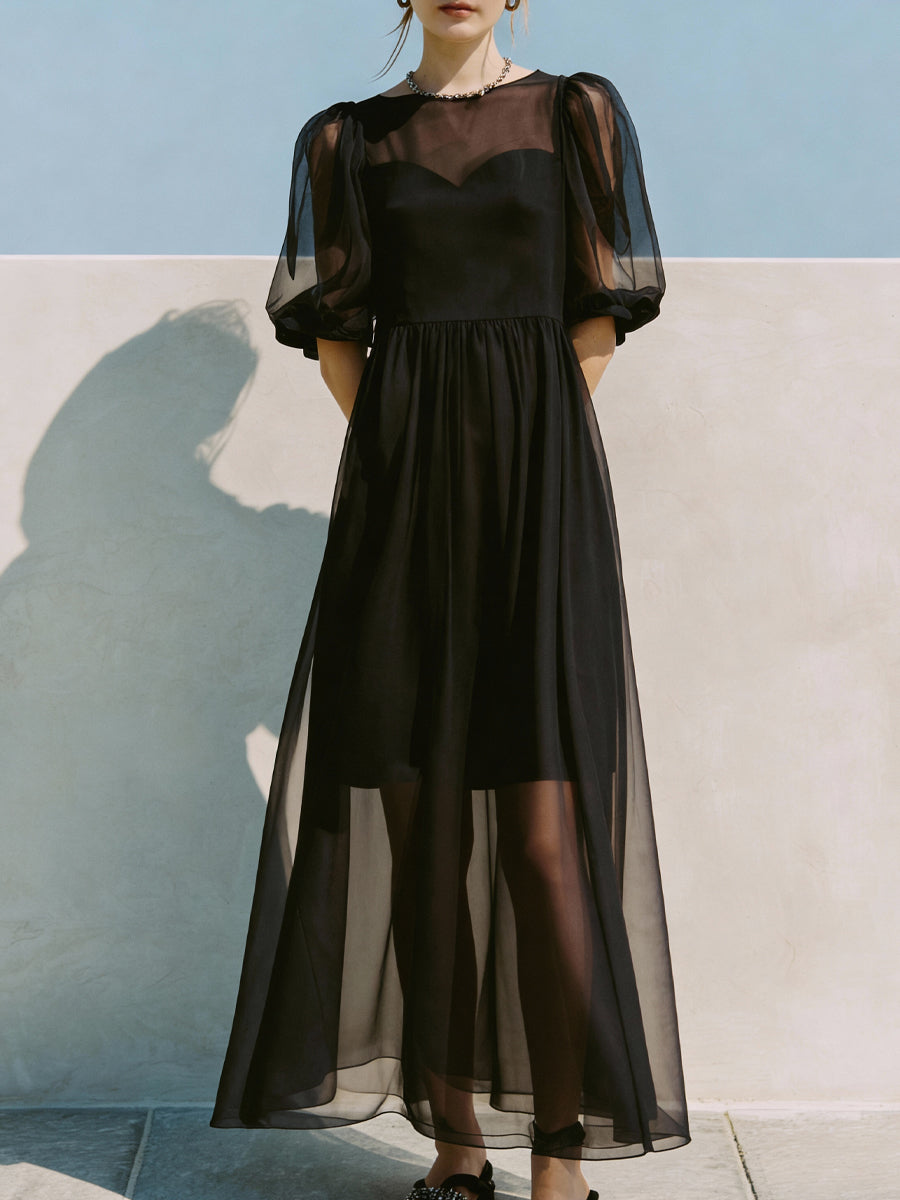 Black Sheer Mesh Puff-Sleeve Woven Midi Dress