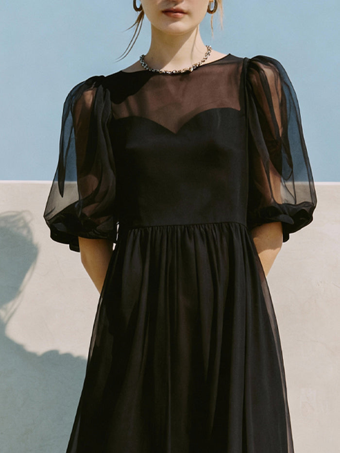 Black Sheer Mesh Puff-Sleeve Woven Midi Dress