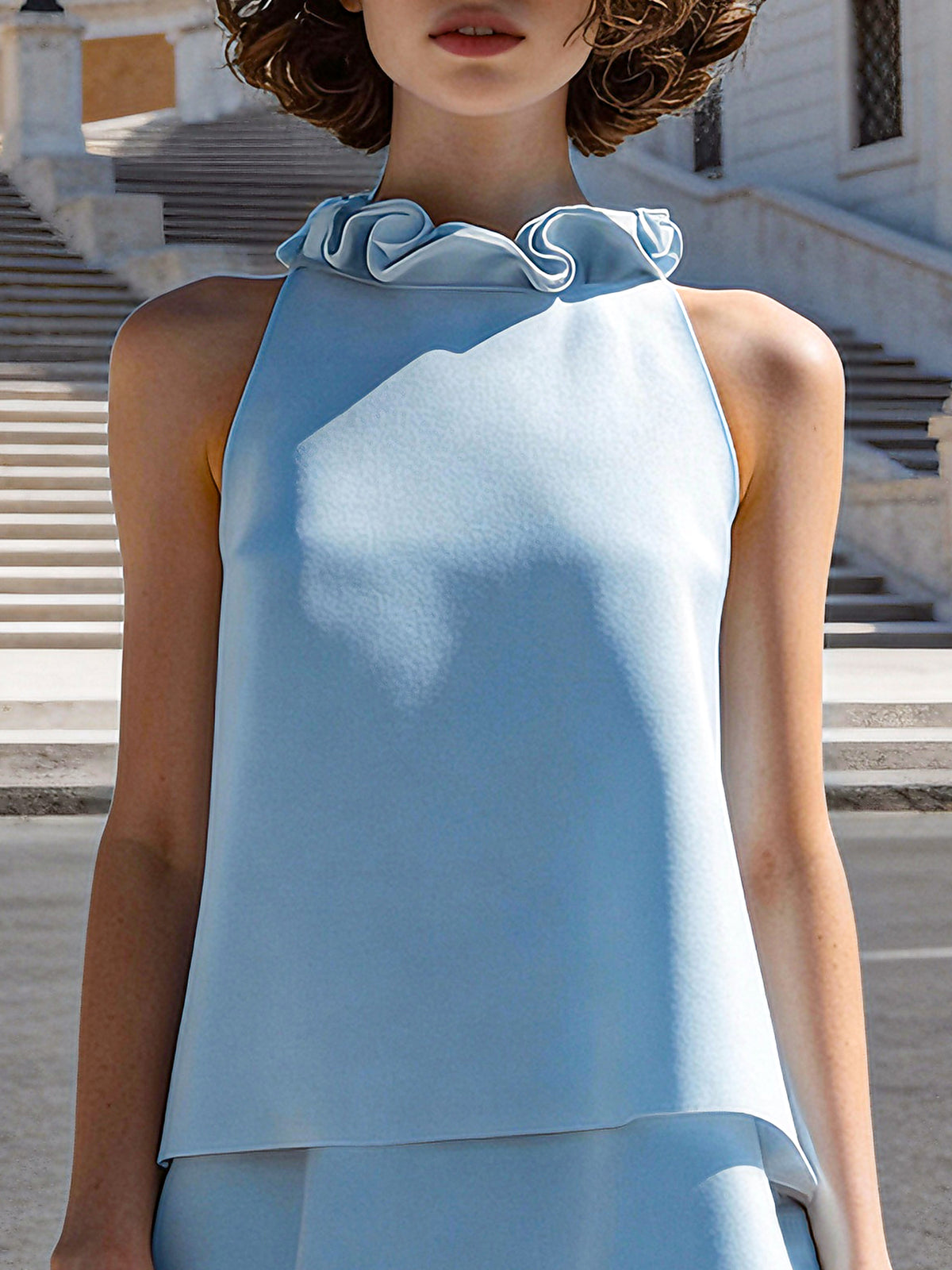 Ruffled High-Neck Sleeveless A-Line Mini Dress