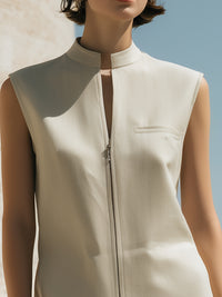 Minimalist Stand-Collar Sleeveless Zip-Front Midi Dress