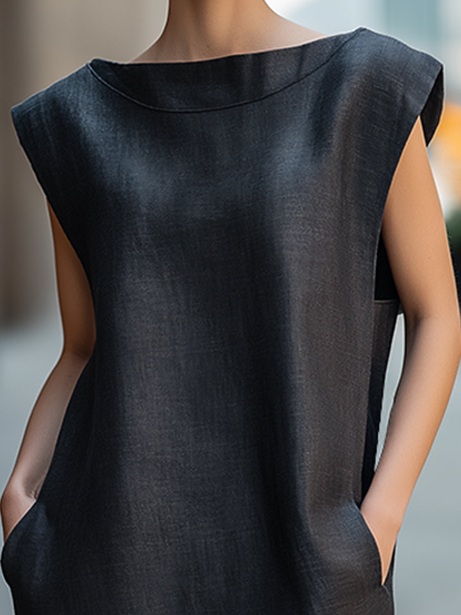 Minimalist Cap Sleeve Boat Neck Midi Dress