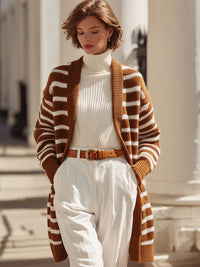 Brown And White Striped Open-Front Knit Cardigan