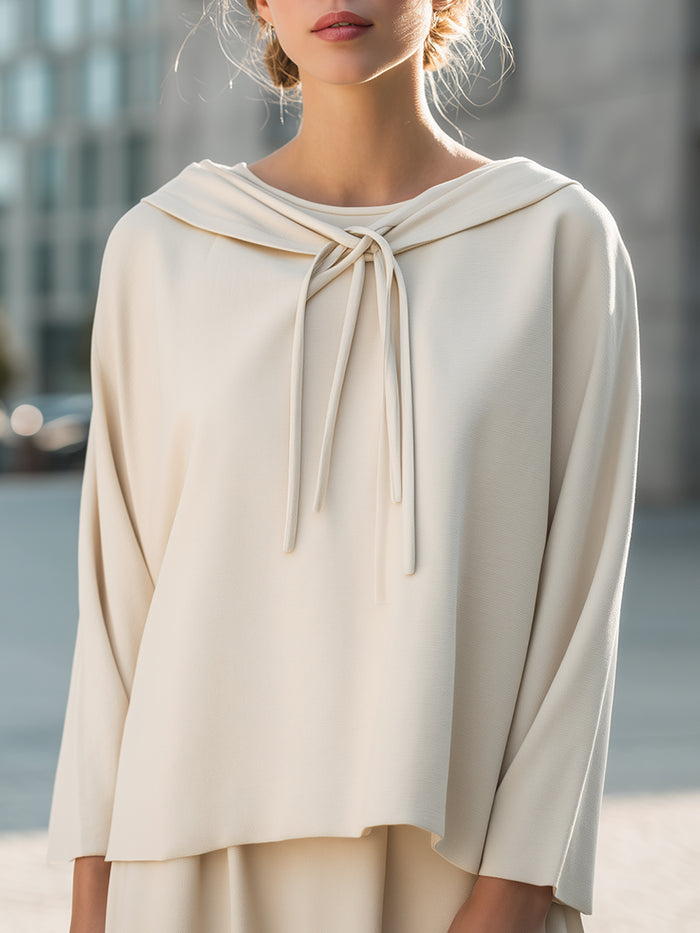 Minimalist Draped Collar Tie-Neck Blouse