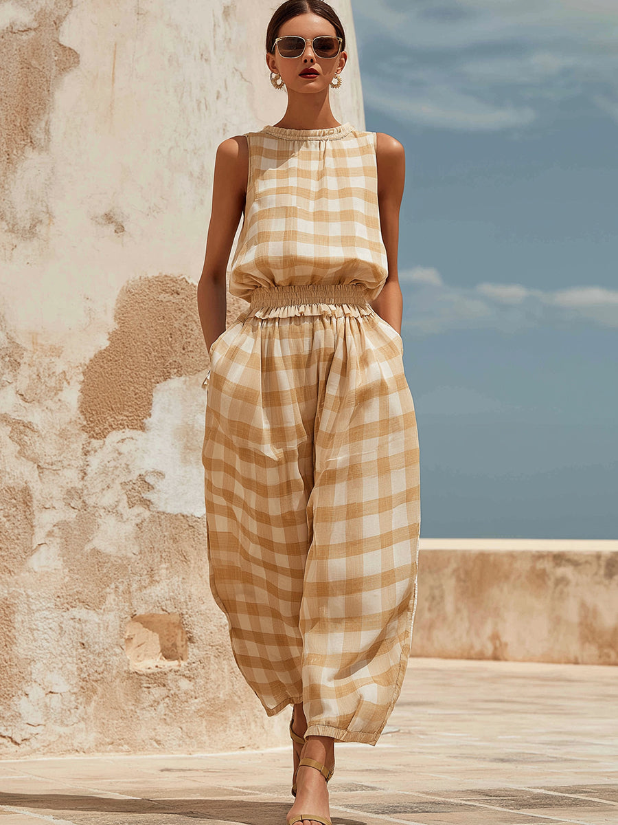 Casual Plaid Sleeveless Elastic Waist Wide-Leg Jumpsuit – Effortless Summer Style