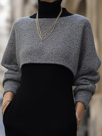 Black Knit Turtleneck Midi Dress And Gray Knit Cover-Up Set